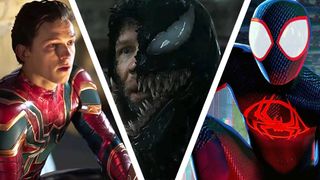 Tom Holland dressed in a Spider-Man costume, next to a picture of Tom Hardy in Venom: The Last Dance and an animated Spider-Man from Into the Spider-Verse